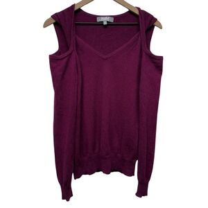 Marled 100% Cashmere Sweater Women M Cold Shoulder Twist‎ Pullover Purple V-Neck